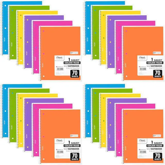 Main image of Spiral Notebook, 24 Pack, 1 Subject, College Ruled Paper, 7-1/2" x 10-1/2", 70 Sheets per Notebook, Assorted Bright Colors (830050-ECM)