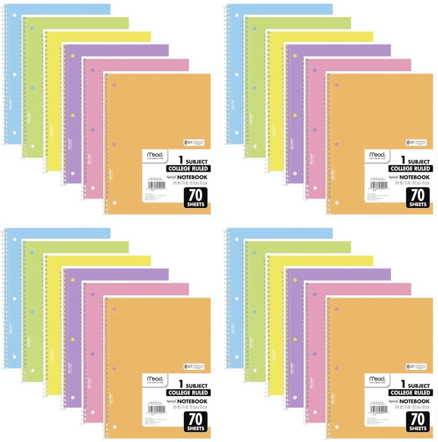 Main image of Spiral Notebook, 1 Subject, College Ruled Paper, 7-1/2" x 10-1/2", 70 Sheets per Notebook, Assorted Pastel Colors (830049) (Pack of 24)