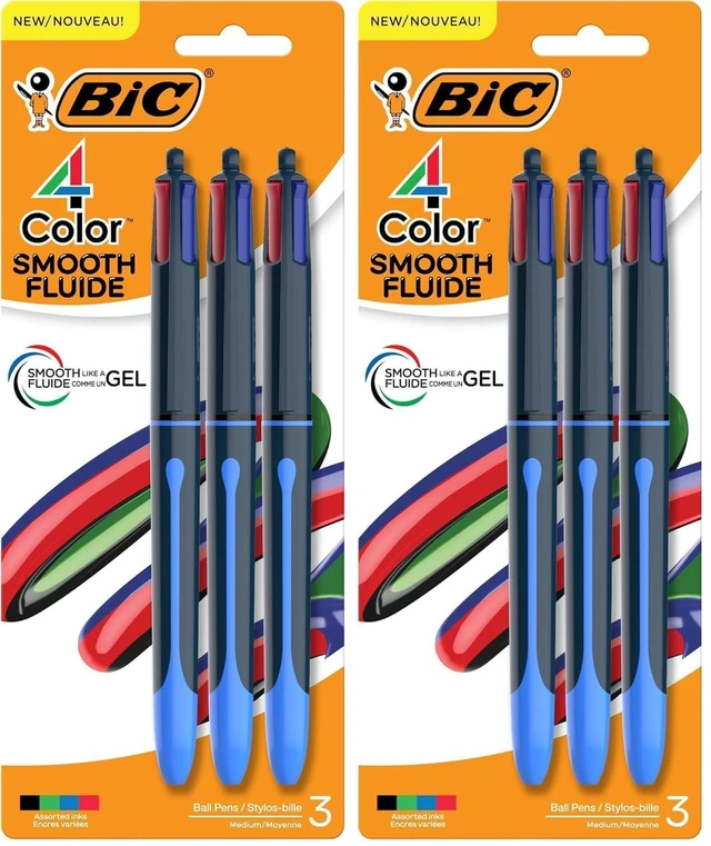 Main image of 4 Color Smooth Retractable Ballpoint Pen, 1.0 mm Point for Smooth Ink Flow, in Assorted Ink Colors,3 Count (Pack of 2)