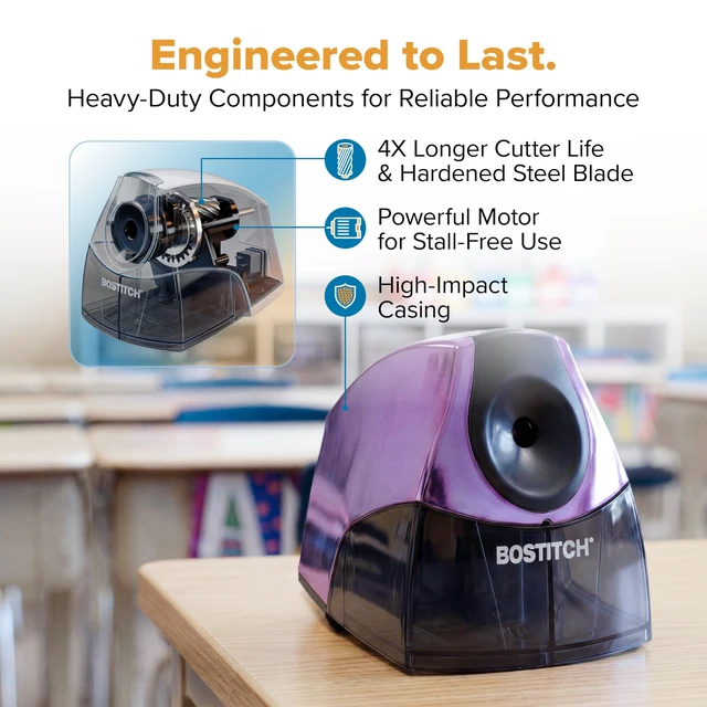Alt view image 5 of 6 - Office Electric Pencil Sharpener for Classroom & Desk Use, Heavy-Duty Stall-Free Motor, High-Capacity Shavings Tray, Metallic Purple