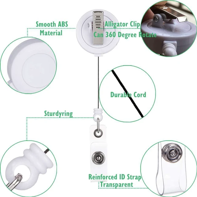 Alt view image 3 of 6 - Badge Reel, ID Badge Holder Retractable Clip, White, Bulk 100 Pack with 360° Swivel Alligator Clip, 30-Inch Nylon Cord, Simple, Lightweight, Name Tag Holder for Nurse, Office Worker, Teacher