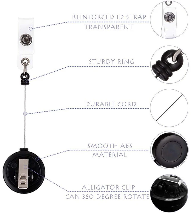 Alt view image 3 of 6 - Badge Reel, ID Badge Holder Retractable Clip, Black, Bulk 100 Pack with 360° Swivel Alligator Clip, 30-Inch Nylon Cord, Simple, Lightweight, Name Tag Holder for Nurse, Office Worker, Teacher
