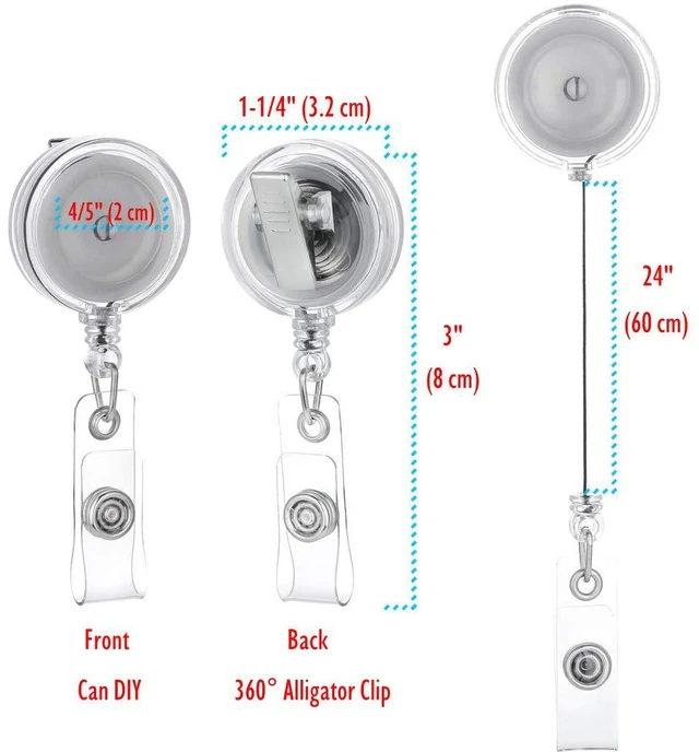 Alt view image 2 of 6 - Badge Reel, ID Badge Holder Retractable Clip, Clear, Bulk 100 Pack with 360° Swivel Alligator Clip, 30-Inch Nylon Cord, Blank, Lightweight, Name Tag Holder for Nurse, Office Worker, Teacher
