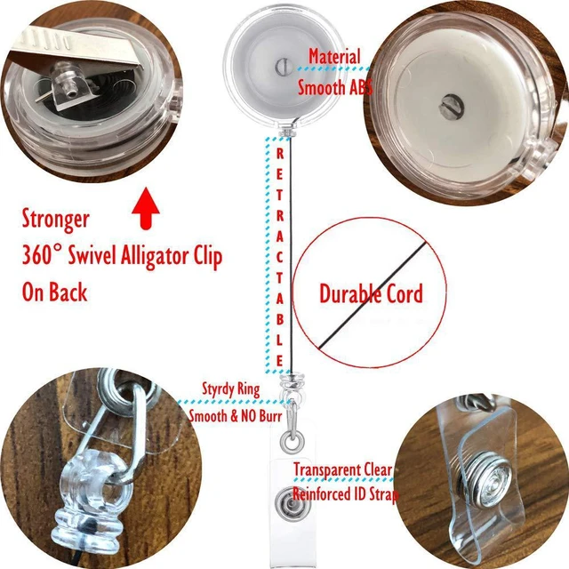 Alt view image 3 of 6 - Badge Reel, ID Badge Holder Retractable Clip, Clear, Bulk 100 Pack with 360° Swivel Alligator Clip, 30-Inch Nylon Cord, Blank, Lightweight, Name Tag Holder for Nurse, Office Worker, Teacher