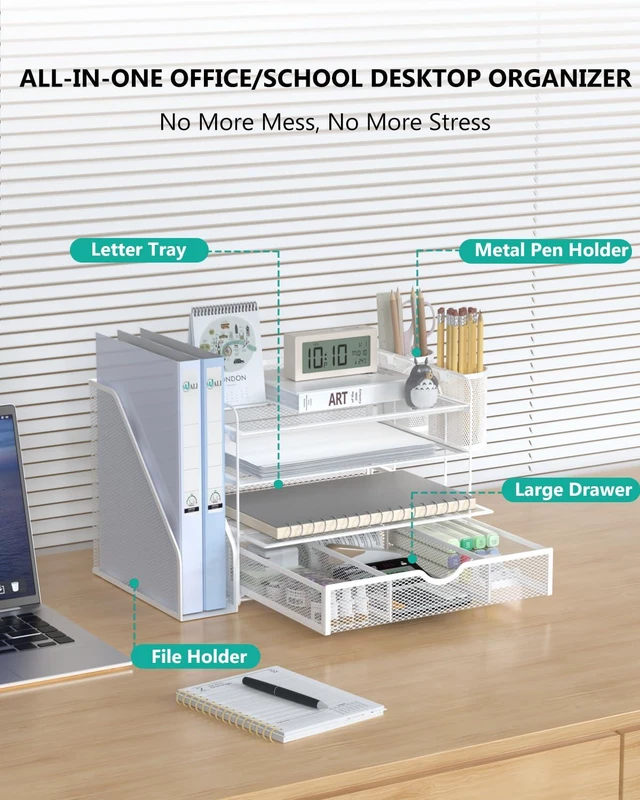 Alt view image 2 of 7 - Desk File Organizer, 4 Tier Desktop Paper Letter Tray Organizer with Drawer and 2 Pen Holders, Office Desk Accessories & Workspace Organizers for Office, Home Supplies(DO005DH-W), 1 Pack, White