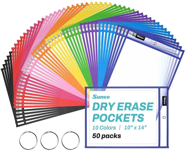 Main image of 50 Packs Oversized Reusable Dry Erase Pocket Sleeves with 3 Rings, 10 Assorted Colors 10x14 Ticket Holders, Clear Plastic Sheet Protectors, Teacher School Classroom Supplies