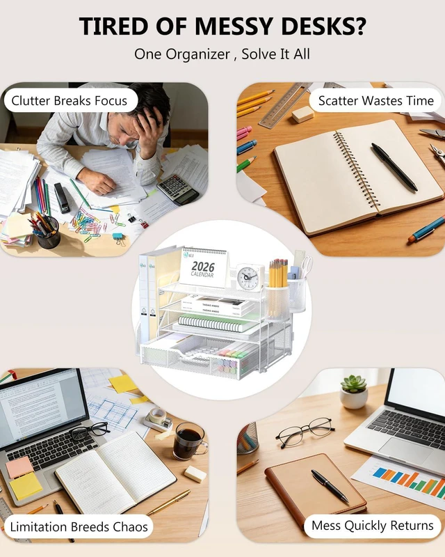 Alt view image 3 of 7 - Desk File Organizer, 4 Tier Desktop Paper Letter Tray Organizer with Drawer and 2 Pen Holders, Office Desk Accessories & Workspace Organizers for Office, Home Supplies(DO005DH-W), 1 Pack, White