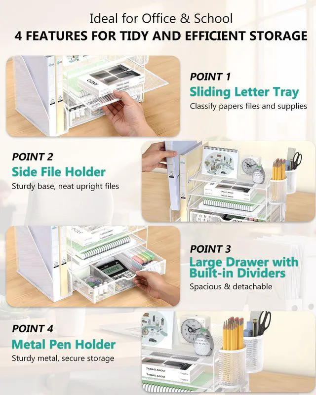 Alt view image 4 of 7 - Desk File Organizer, 4 Tier Desktop Paper Letter Tray Organizer with Drawer and 2 Pen Holders, Office Desk Accessories & Workspace Organizers for Office, Home Supplies(DO005DH-W), 1 Pack, White