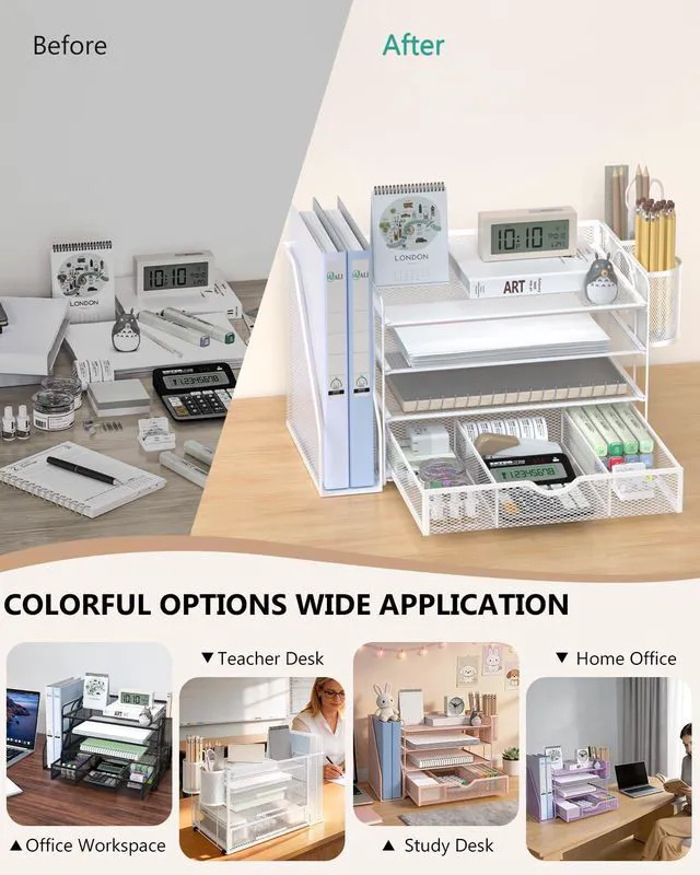 Alt view image 6 of 7 - Desk File Organizer, 4 Tier Desktop Paper Letter Tray Organizer with Drawer and 2 Pen Holders, Office Desk Accessories & Workspace Organizers for Office, Home Supplies(DO005DH-W), 1 Pack, White