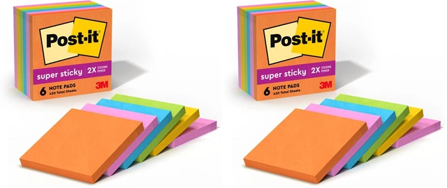 Main image of Super Sticky Notes, 3x3 in, 2X The Sticking Power, Energy Boost Collection, Bright Colors (Orange, Pink, Blue, Green),Recyclable (654-6SSAU), 6 Pads (Pack of 2)