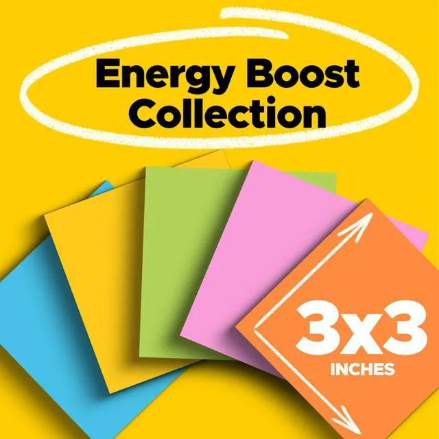 Alt view image 2 of 7 - Super Sticky Notes, 3x3 in, 2X The Sticking Power, Energy Boost Collection, Bright Colors (Orange, Pink, Blue, Green),Recyclable (654-6SSAU), 6 Pads (Pack of 2)