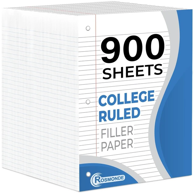 Main image of 6 Pack Loose Leaf Paper, 900 Sheets, College Ruled Filler Paper Bulk Office Filler Paper, 8" x 10.5", 3 Hole Punched, 150 Sheets/Pack, College Ruled Notebook Paper for Binder, White