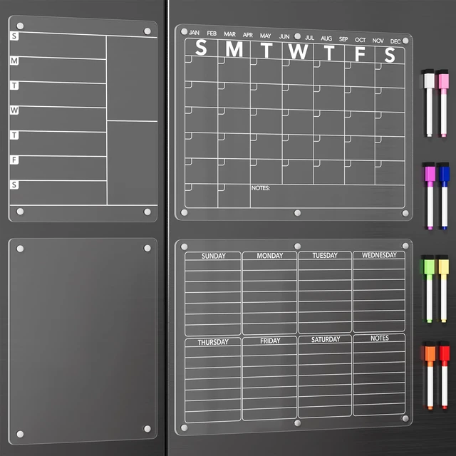 Main image of 4Pcs Acrylic Magnetic Dry Erase Board Calendar for Fridge, Clear Monthly Weekly Daily Meal Menu Planner Whiteboard for Refrigerator, Notepad Memo White Board, w/ 8 Colors Markers, 15"x11"