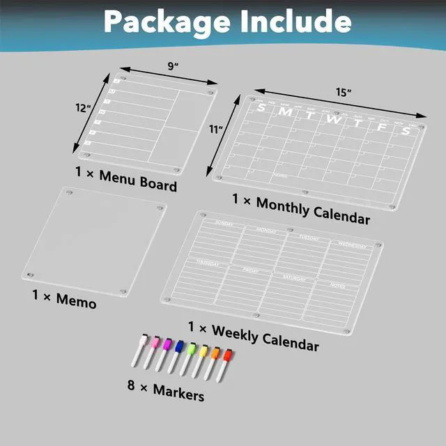 Alt view image 2 of 6 - 4Pcs Acrylic Magnetic Dry Erase Board Calendar for Fridge, Clear Monthly Weekly Daily Meal Menu Planner Whiteboard for Refrigerator, Notepad Memo White Board, w/ 8 Colors Markers, 15"x11"