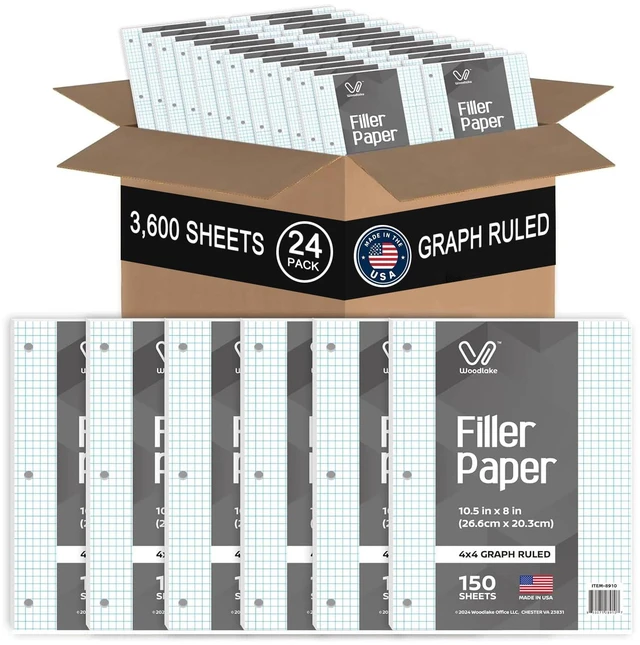Main image of Notebook Paper USA-Made Loose Leaf Paper, 24 Pack 3600 Sheets 8"x10.5" Quad Ruled - 3-Hole Punched Bulk Filler Paper for 3-Ring Binder, 150 Sheets/Pack, Wholesale Available