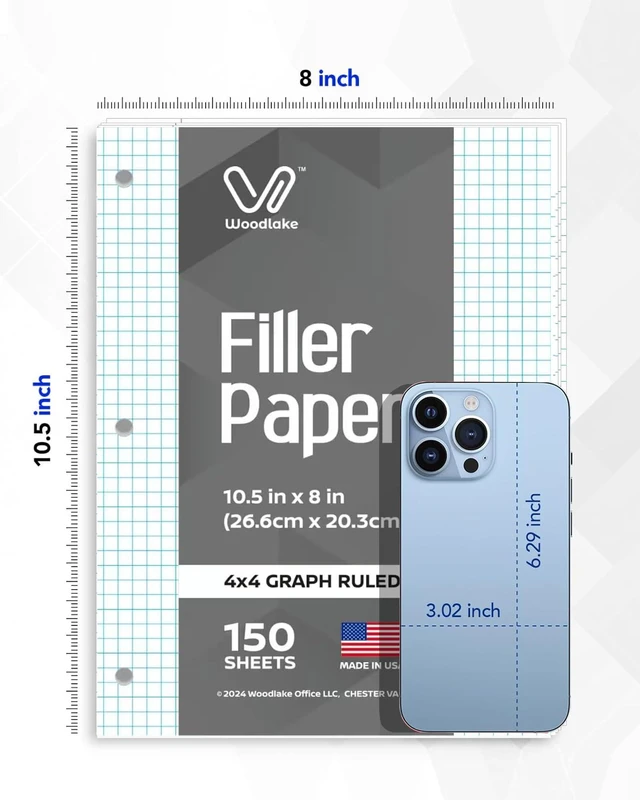 Alt view image 2 of 7 - Notebook Paper USA-Made Loose Leaf Paper, 24 Pack 3600 Sheets 8"x10.5" Quad Ruled - 3-Hole Punched Bulk Filler Paper for 3-Ring Binder, 150 Sheets/Pack, Wholesale Available