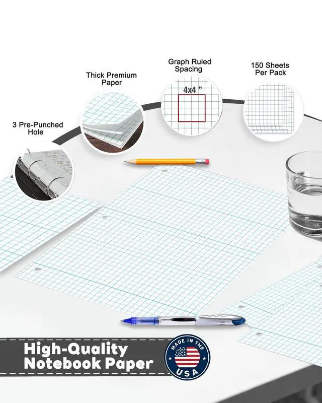 Alt view image 3 of 7 - Notebook Paper USA-Made Loose Leaf Paper, 24 Pack 3600 Sheets 8"x10.5" Quad Ruled - 3-Hole Punched Bulk Filler Paper for 3-Ring Binder, 150 Sheets/Pack, Wholesale Available