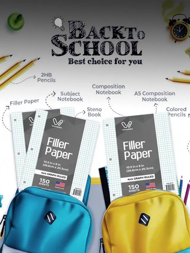 Alt view image 7 of 7 - Notebook Paper USA-Made Loose Leaf Paper, 24 Pack 3600 Sheets 8"x10.5" Quad Ruled - 3-Hole Punched Bulk Filler Paper for 3-Ring Binder, 150 Sheets/Pack, Wholesale Available