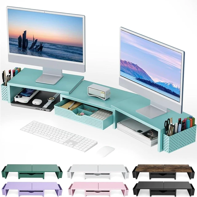 Main image of Dual Monitor Stand Riser With Drawer and 2 Pen Holders Computer Monitor Stand Desk Organizer and Accessories Desk Shelf for Top of Desk (Blue)