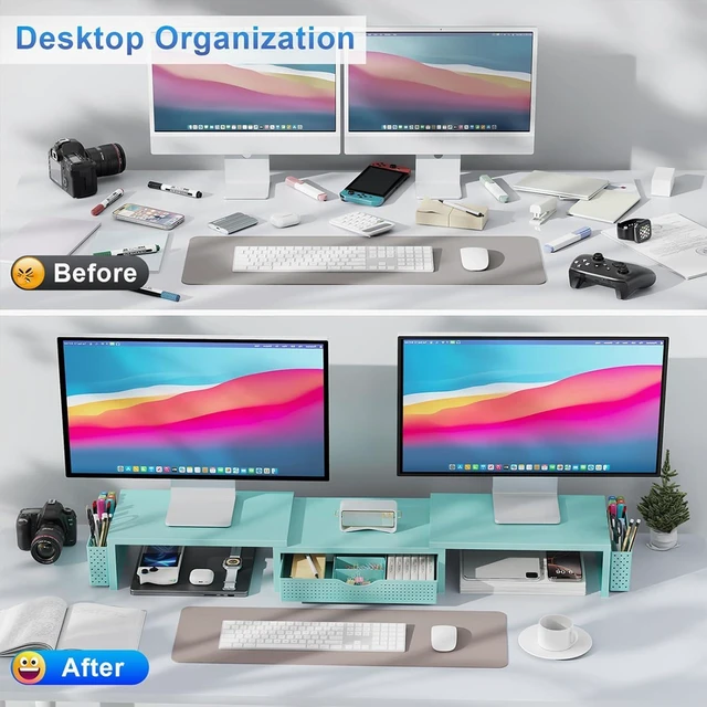Alt view image 2 of 7 - Dual Monitor Stand Riser With Drawer and 2 Pen Holders Computer Monitor Stand Desk Organizer and Accessories Desk Shelf for Top of Desk (Blue)