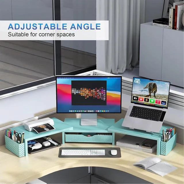 Alt view image 3 of 7 - Dual Monitor Stand Riser With Drawer and 2 Pen Holders Computer Monitor Stand Desk Organizer and Accessories Desk Shelf for Top of Desk (Blue)