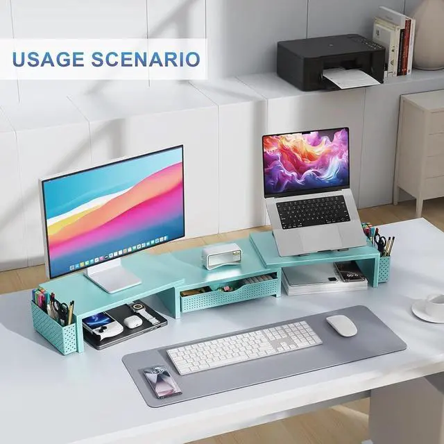 Alt view image 5 of 7 - Dual Monitor Stand Riser With Drawer and 2 Pen Holders Computer Monitor Stand Desk Organizer and Accessories Desk Shelf for Top of Desk (Blue)