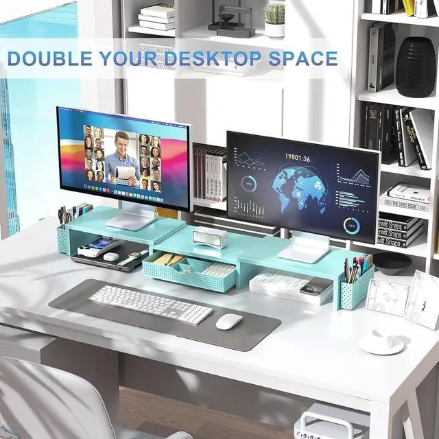 Alt view image 6 of 7 - Dual Monitor Stand Riser With Drawer and 2 Pen Holders Computer Monitor Stand Desk Organizer and Accessories Desk Shelf for Top of Desk (Blue)