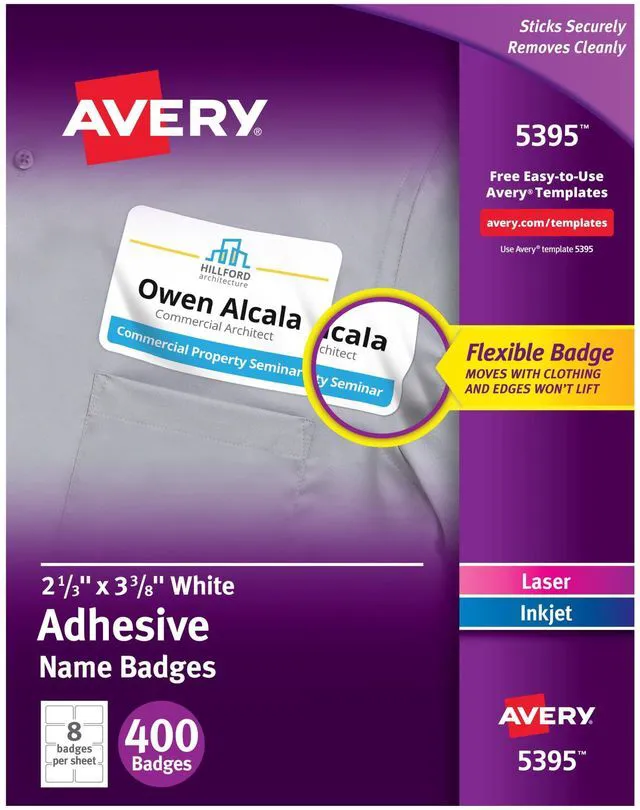 Main image of ® Flexible Printable Name Tags, 2-1/3" x 3-3/8", Matte White, 400 Removable Name Badges for Laser and Inkjet Printers (5395)