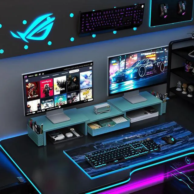 Alt view image 7 of 7 - Dual Monitor Stand Riser With Drawer and 2 Pen Holders Computer Monitor Stand Desk Organizer and Accessories Desk Shelf for Top of Desk (Blue)