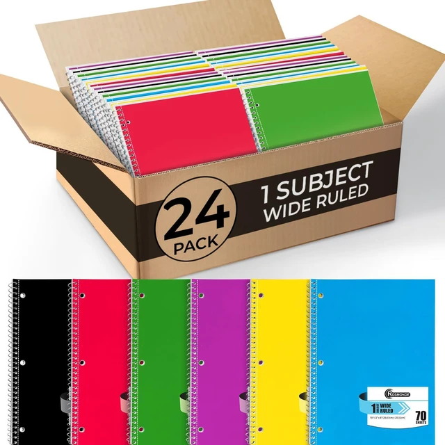 Main image of Bulk Spiral Notebook, 24 Pack, 1 Subject, Wide Ruled, 70 Sheets Single Subject Notebook Bulk, 140 Pages, 8 x 10-1/2", 3 Hole Punched, Bulk Spiral Notebooks for School, Assorted Colors