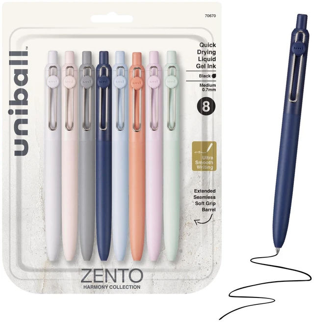 Main image of uniball Zento Gel Pens, Black Ink, 0.7mm Medium Point, 8 Count Retractable, Smooth Writing, Quick-Drying, No Smear, No Bleed, Harmony Barrel Colors