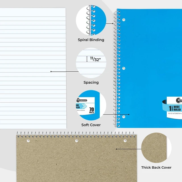 Alt view image 5 of 7 - Bulk Spiral Notebook, 24 Pack, 1 Subject, Wide Ruled, 70 Sheets Single Subject Notebook Bulk, 140 Pages, 8 x 10-1/2", 3 Hole Punched, Bulk Spiral Notebooks for School, Assorted Colors