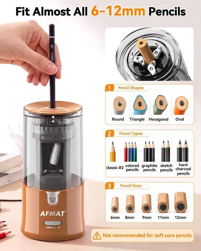 Alt view image 2 of 7 - Electric Pencil Sharpener, Plug-in Pencil Sharpener for 6-12mm Pencil For No.2/Colored/Jumbo Pencils, Auto Stop, Super Fast & Sharp, Replaceable Blade, 8000+ Sharpenings for Classroom/Home/Office