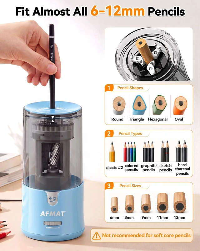 Alt view image 2 of 7 - Electric Pencil Sharpener, Plug-in Pencil Sharpener for 6-12mm Pencil For No.2/Colored/Jumbo Pencils, Auto Stop, Super Fast & Sharp, Replaceable Blade, 8000+ Sharpenings for Classroom/Home/Office