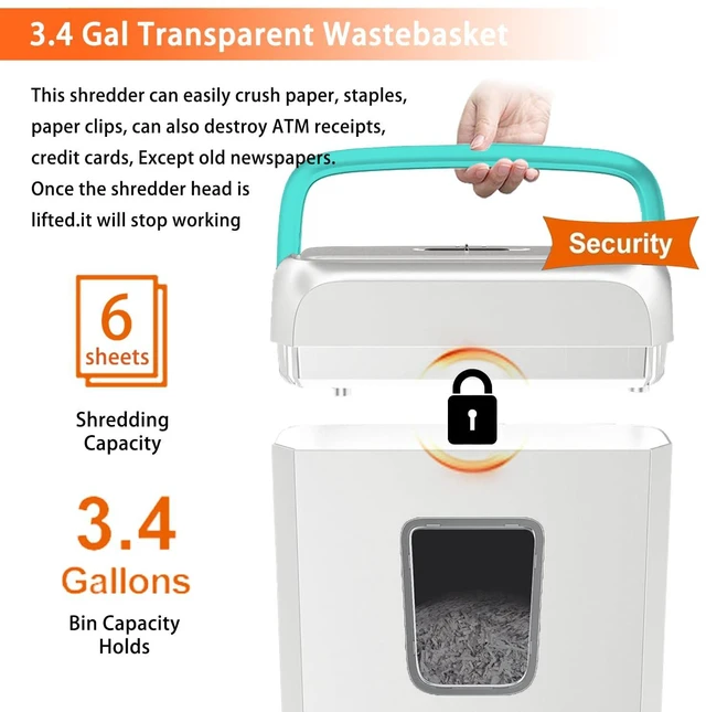Alt view image 4 of 7 - High Security Shredding Paper Shredder, 6-Sheet Cross-Cut, Credit Card Shredder, Home Office, Handle for Document, Mail, Staple, 3.4 Gal Wastebasket, White & Blue