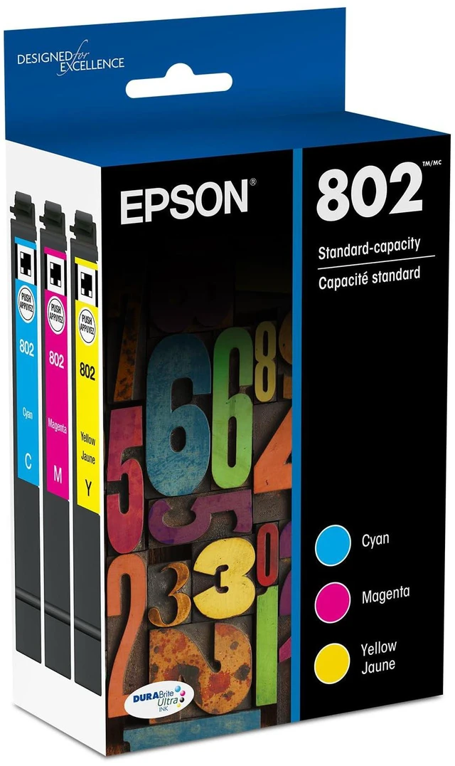 Main image of 802 Genuine Ink Standard Capacity 3 Color Combo Pack T802520 Works With WorkForce Pro WF-4720 WF-4730 WF-4734 WF-4740 Inkjet Printers