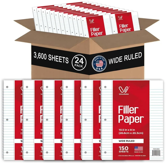 Main image of Notebook Paper USA-Made Loose Leaf Paper, 24 Pack 3600 Sheets 8"x10.5" Wide Ruled - 3-Hole Punched Bulk Filler Paper for 3-Ring Binder, 150 Sheets/Pack, Wholesale Available