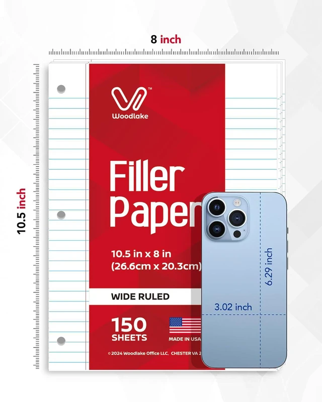 Alt view image 2 of 7 - Loose Leaf Paper, Wide Ruled Notebook Paper, 8 x 10.5, 150 Sheets per Pack, 3 Pack Bulk Lined Filler Paper, 3 Hole Punched, 60gsm, Made in USA