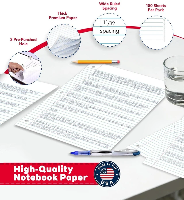 Alt view image 3 of 7 - Loose Leaf Paper, Wide Ruled Notebook Paper, 8 x 10.5, 150 Sheets per Pack, 3 Pack Bulk Lined Filler Paper, 3 Hole Punched, 60gsm, Made in USA