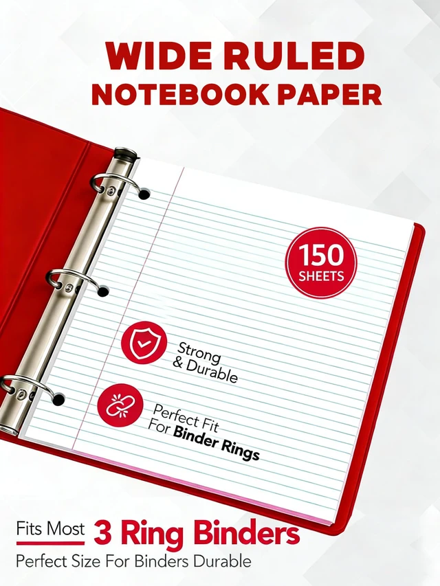 Alt view image 5 of 7 - Loose Leaf Paper, Wide Ruled Notebook Paper, 8 x 10.5, 150 Sheets per Pack, 3 Pack Bulk Lined Filler Paper, 3 Hole Punched, 60gsm, Made in USA
