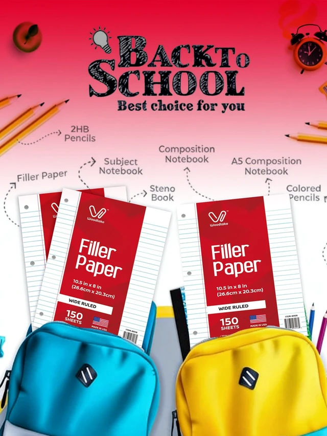 Alt view image 7 of 7 - Loose Leaf Paper, Wide Ruled Notebook Paper, 8 x 10.5, 150 Sheets per Pack, 3 Pack Bulk Lined Filler Paper, 3 Hole Punched, 60gsm, Made in USA