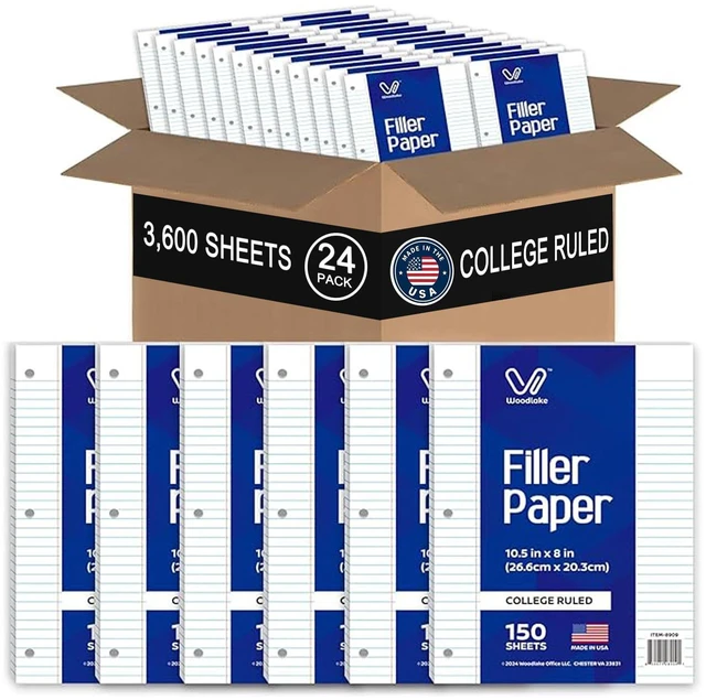 Main image of Notebook Paper USA-Made Loose Leaf Paper, 24 Pack 3600 Sheets 8"x10.5" College Ruled - 3-Hole Punched Bulk Filler Paper for 3-Ring Binder, 150 Sheets/Pack, Wholesale Available