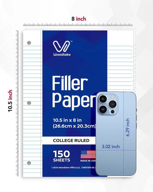 Alt view image 2 of 7 - Notebook Paper USA-Made Loose Leaf Paper, 24 Pack 3600 Sheets 8"x10.5" College Ruled - 3-Hole Punched Bulk Filler Paper for 3-Ring Binder, 150 Sheets/Pack, Wholesale Available