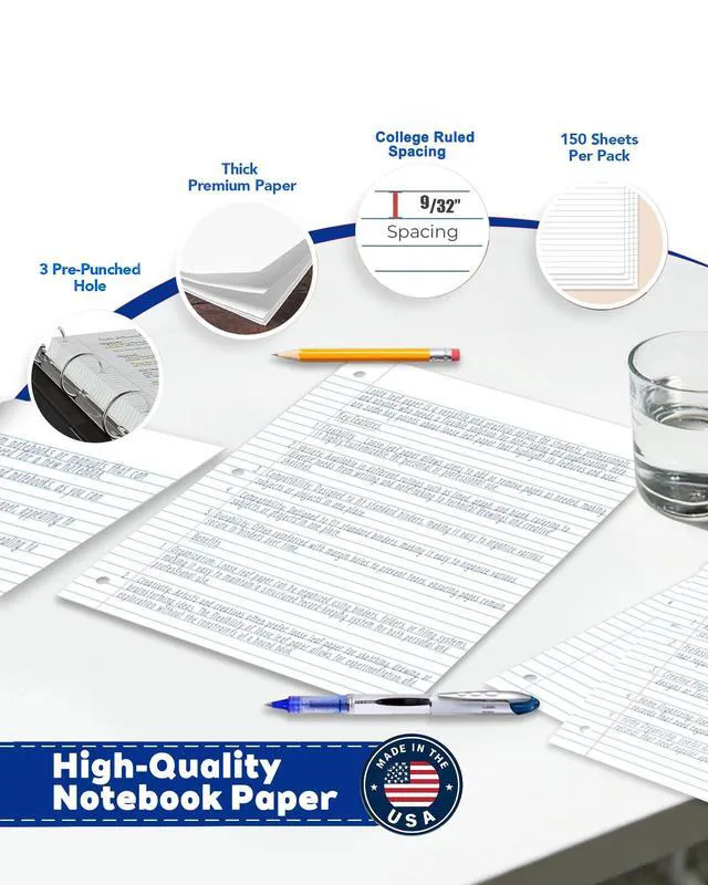 Alt view image 3 of 7 - Notebook Paper USA-Made Loose Leaf Paper, 24 Pack 3600 Sheets 8"x10.5" College Ruled - 3-Hole Punched Bulk Filler Paper for 3-Ring Binder, 150 Sheets/Pack, Wholesale Available