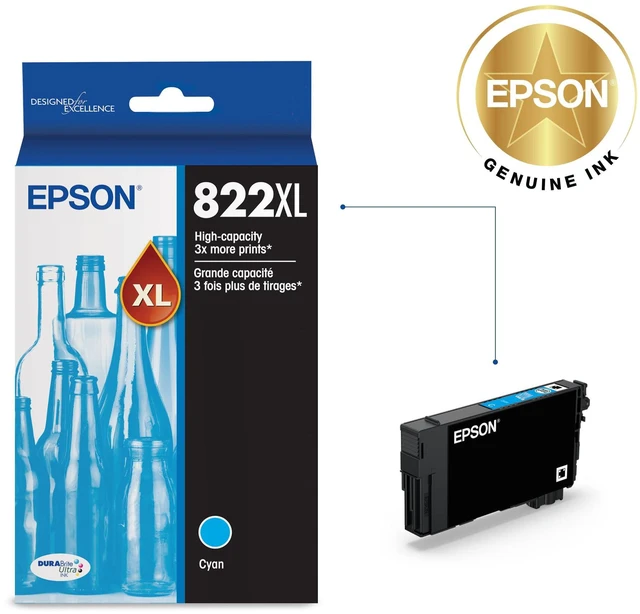 Alt view image 2 of 6 - 822XL Genuine High Capacity Cyan Ink Cartridge T822XL220 Works with WorkForce Pro WF-3820 WF-3823 WF-4820 WF-4830 WF-4833 WF-4834 Printers