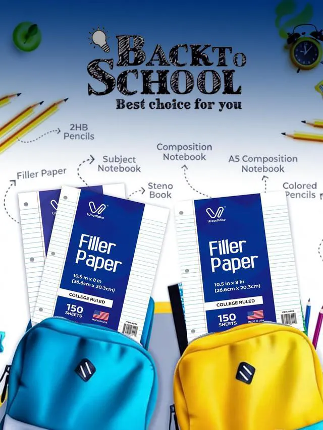 Alt view image 7 of 7 - Notebook Paper USA-Made Loose Leaf Paper, 24 Pack 3600 Sheets 8"x10.5" College Ruled - 3-Hole Punched Bulk Filler Paper for 3-Ring Binder, 150 Sheets/Pack, Wholesale Available