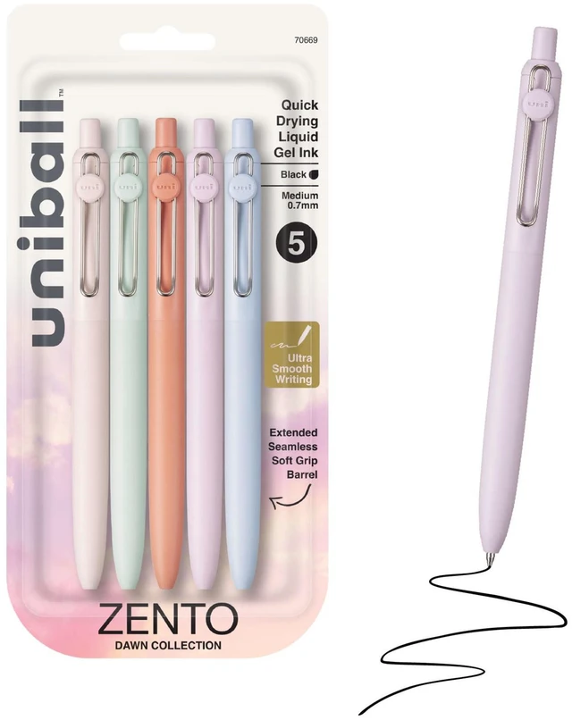 Main image of uniball Zento Gel Pens, Black Ink, 0.7mm Medium Point, 5 Count Retractable, Smooth Writing, Quick-Drying, No Smear, No Bleed, Dawn Barrel Colors