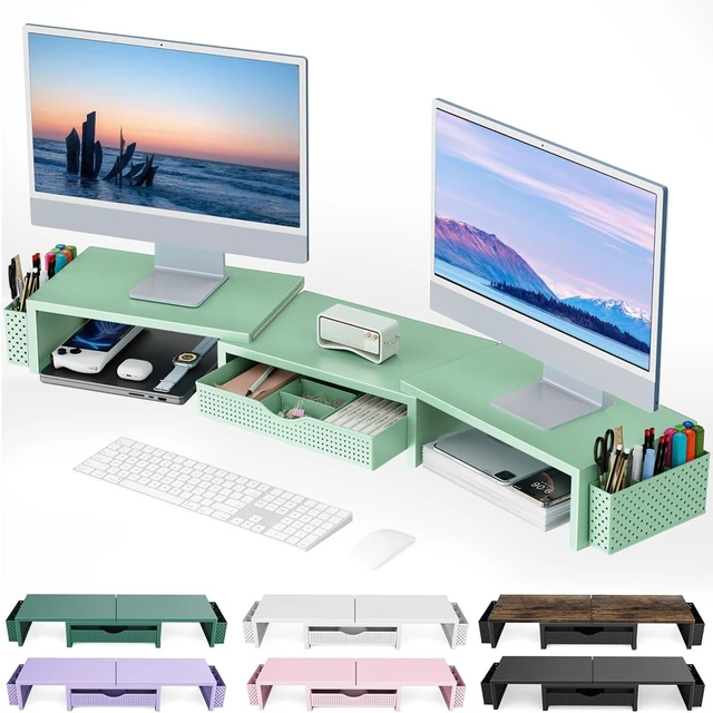 Main image of Dual Monitor Stand Riser With Drawer and 2 Pen Holders Desk Organizer and Accessories Computer Monitor Stand, Desk Shelf for Top of Desk (Sage Green)