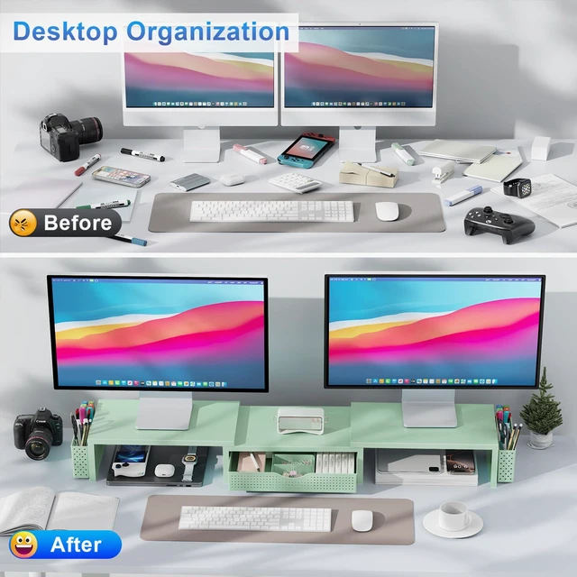 Alt view image 2 of 7 - Dual Monitor Stand Riser With Drawer and 2 Pen Holders Desk Organizer and Accessories Computer Monitor Stand, Desk Shelf for Top of Desk (Sage Green)