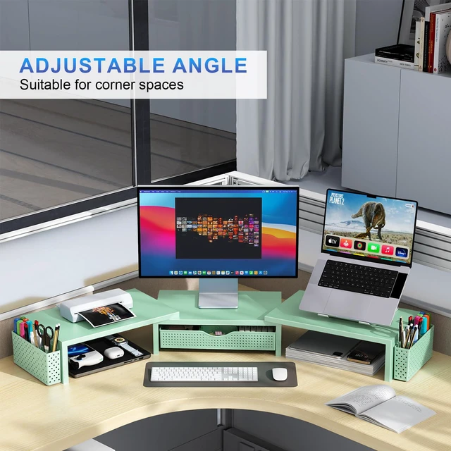 Alt view image 3 of 7 - Dual Monitor Stand Riser With Drawer and 2 Pen Holders Desk Organizer and Accessories Computer Monitor Stand, Desk Shelf for Top of Desk (Sage Green)